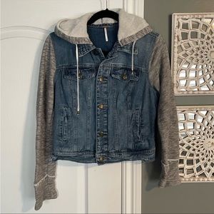 Free People Distressed Denim Hoodie Jacket